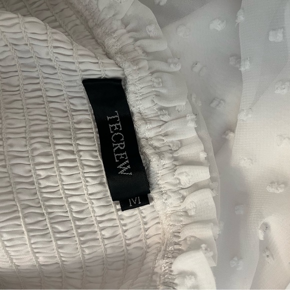 White Mini Dress Puff Sleeves Square Neckline Smocked Bodice - Picture 4 of 5